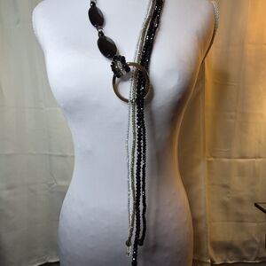 Elegant Black and Clear Crystal Beaded Lariat Necklace
